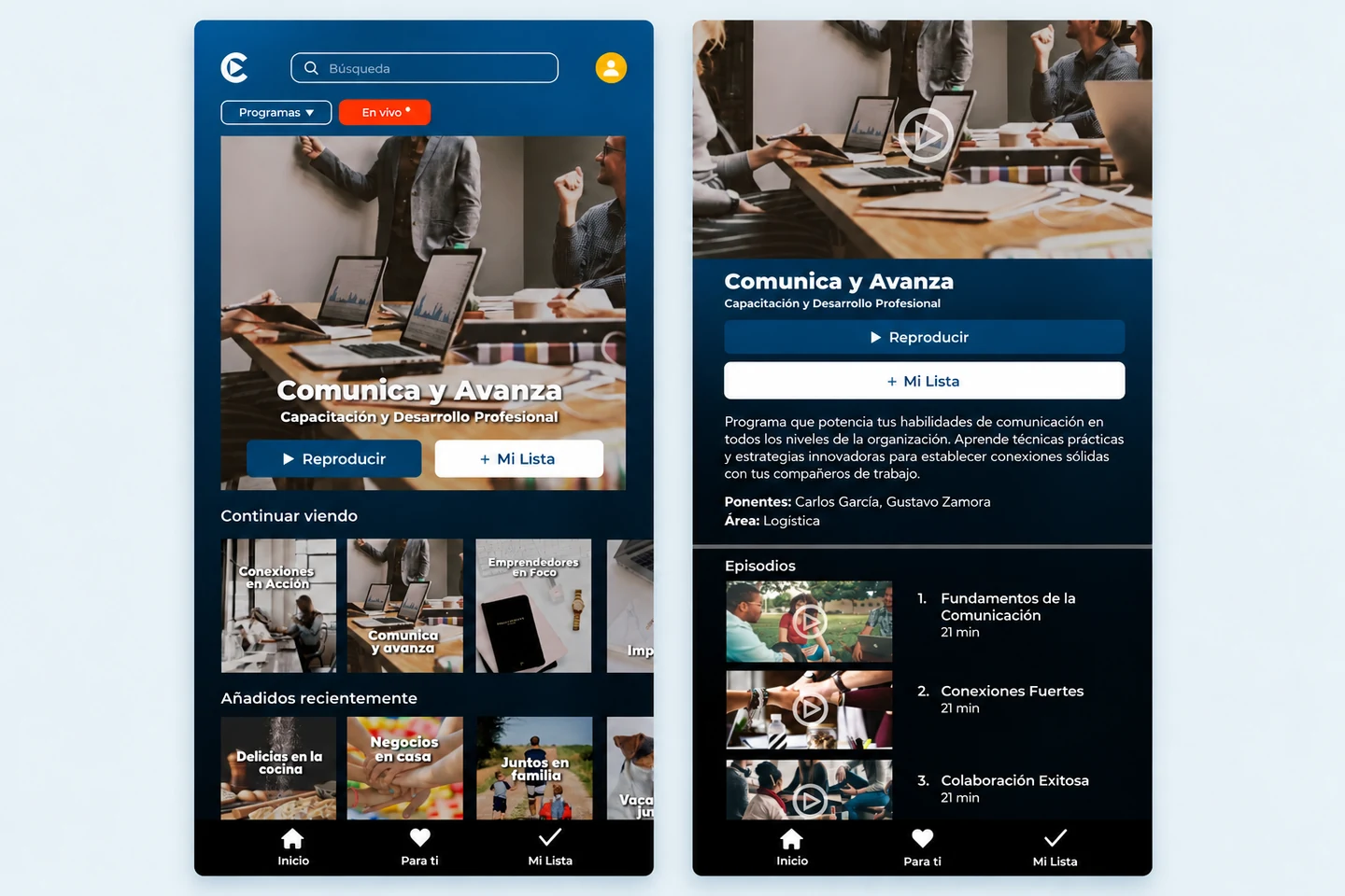 App de Corp Channel con inicio y detalle de un programa corporativo