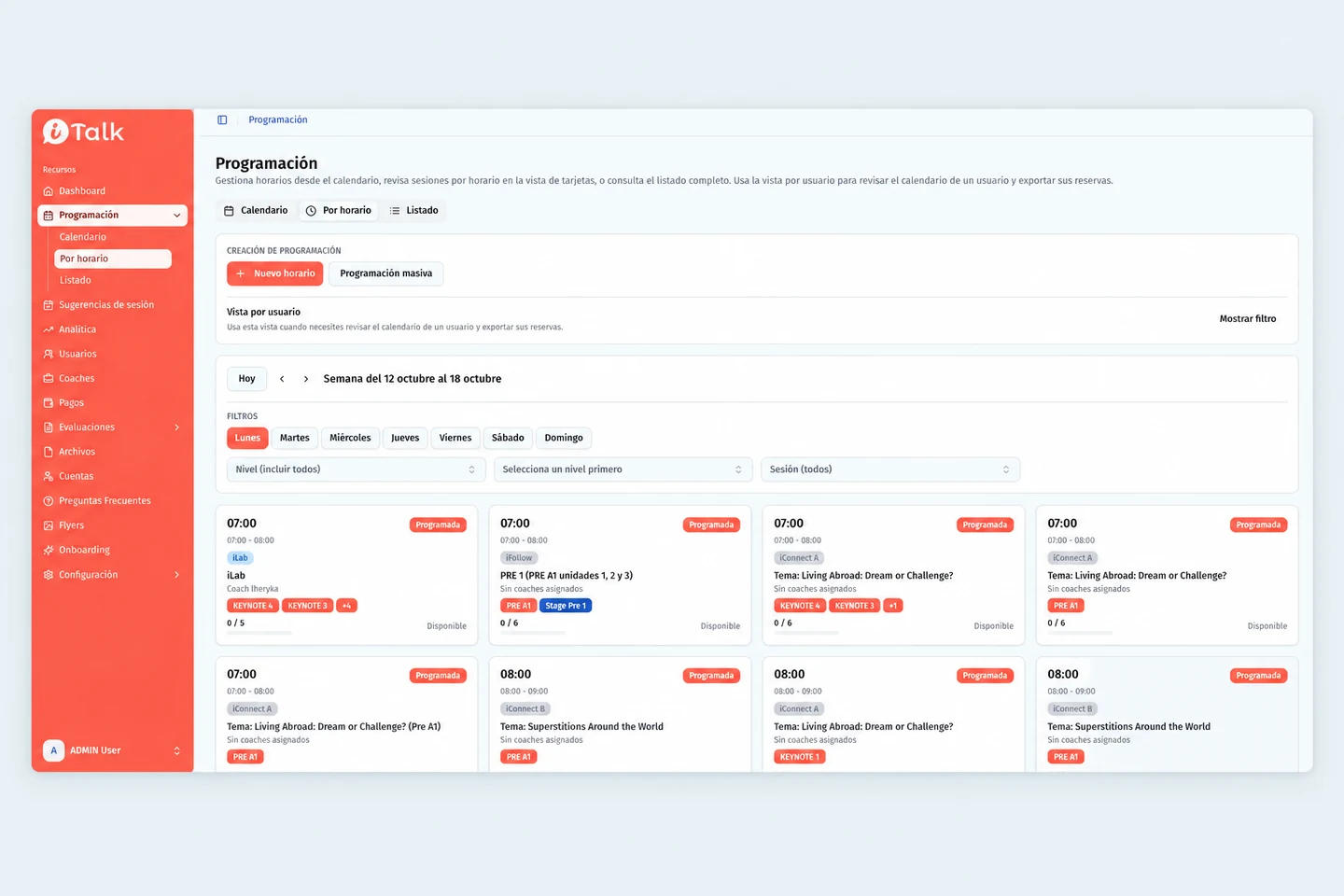 Programación de iTalk con horarios, niveles y disponibilidad de sesiones
