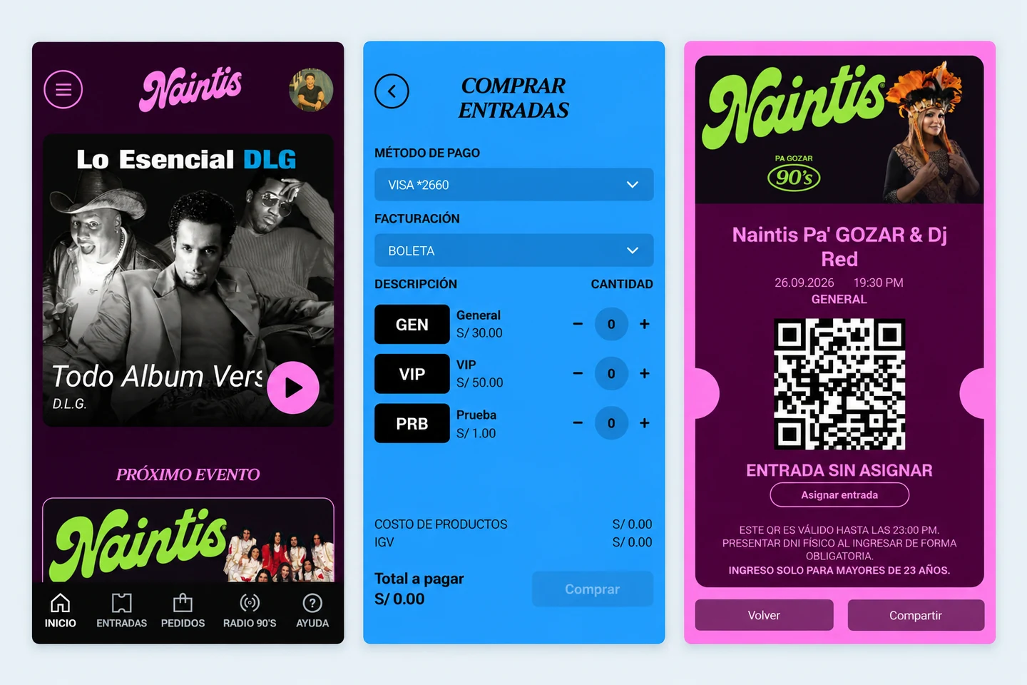 App Naintis con inicio, compra de entradas y ticket con código QR