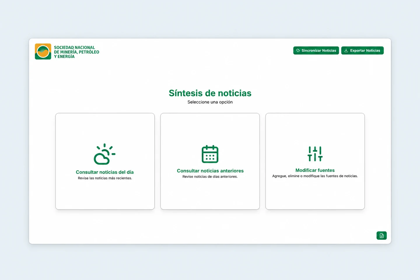 Menú de síntesis de noticias de SNMPE con consulta y sincronización